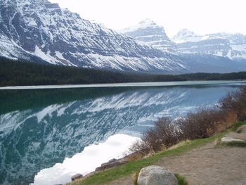 Scenic view of lake and snowcapped mountains against sky