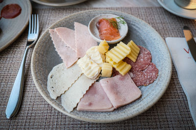 High angle view of food in plate on table