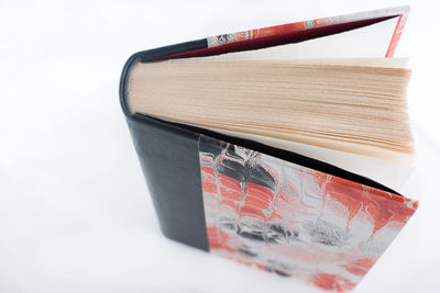 High angle view of books on table