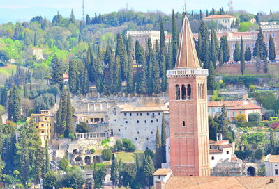 High angle view of trees and buildings in city