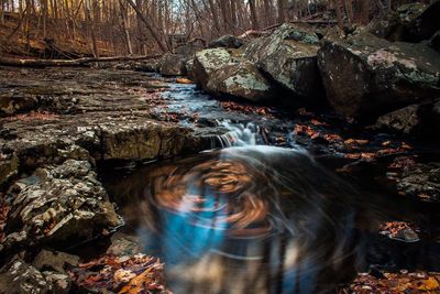 Water flowing through rocks in forest