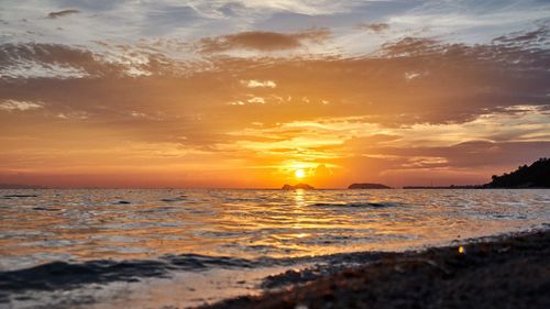 Scenic view of beach against sky during sunset