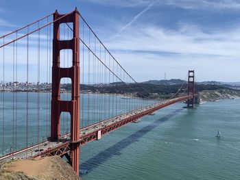 View of suspension bridge against cloudy sky