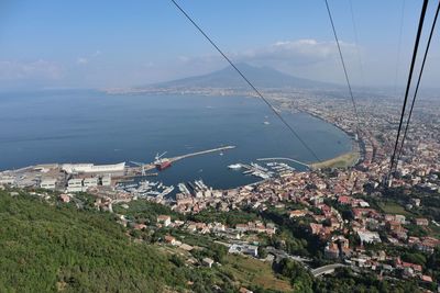 High angle view of buildings by sea against sky