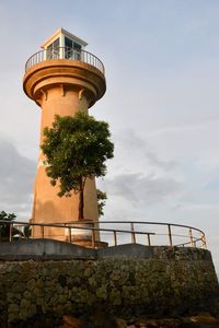 Low angle view of tree by building against sky