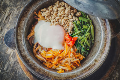 High angle view of food in plate on table