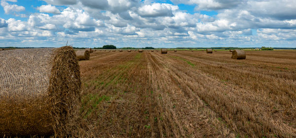 Hay bales on field against sky