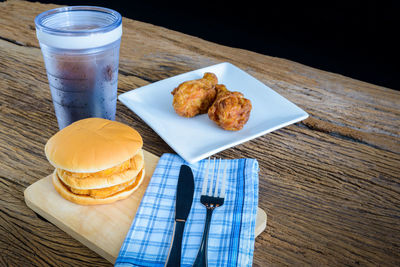 High angle view of food served on table