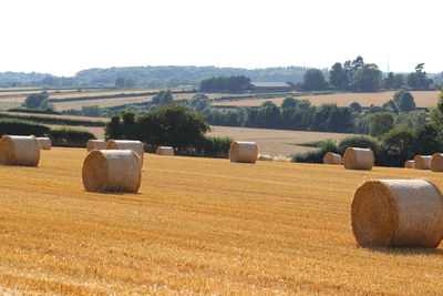 Hay bales on field against sky