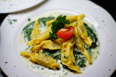 High angle view of pasta in plate