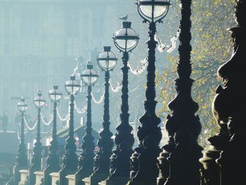 Low angle autumnal view of historic london street lights in a row