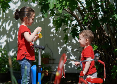 Siblings are playing with soap bubbles in the backyard on a sunny day