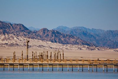 Scenic view of lake by mountains against clear blue sky