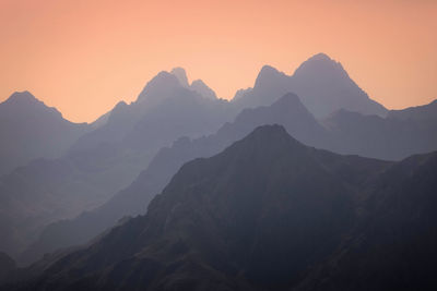 Scenic view of mountains against sky during sunset