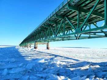 Bridge over snow covered land against clear blue sky