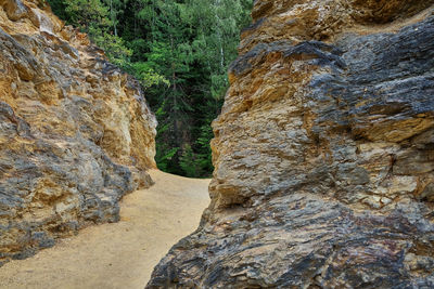 Low angle view of rock formations in sunlight