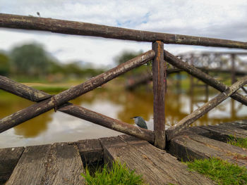 Close-up of rusty metal fence against sky