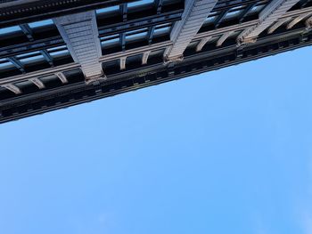 Low angle view of buildings against clear blue sky