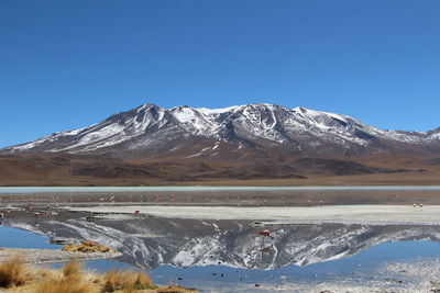 Scenic view of snowcapped mountains against clear blue sky