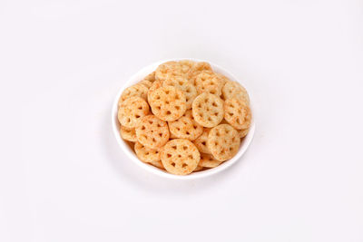 High angle view of cookies against white background