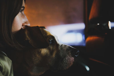 Contemplating woman with dog at home