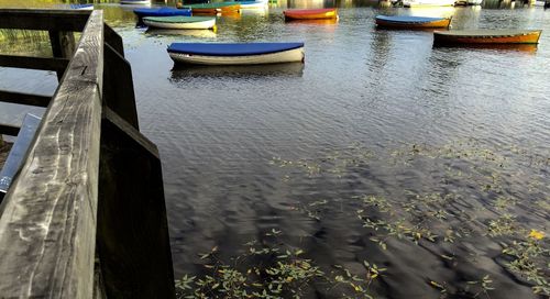 High angle view of boats moored in water