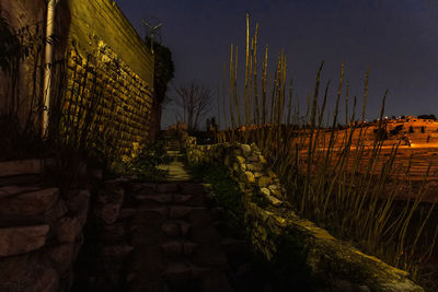 Footpath amidst buildings against sky at night