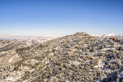 Aerial view of townscape against clear blue sky