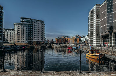 Boats moored at the harbour in leeds dock 