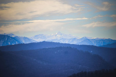 Scenic view of snowcapped mountains against sky