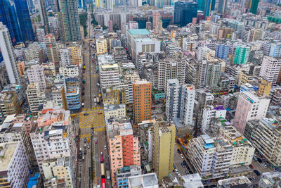 High angle view of modern buildings in city