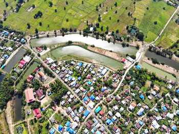 High angle view of street amidst buildings in city