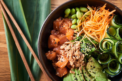 High angle view of vegetables in bowl on table