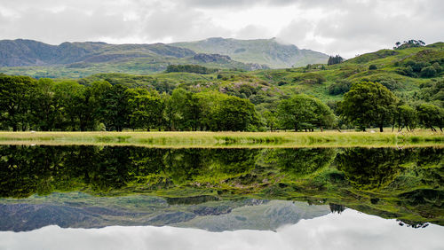 Scenic view of lake and mountains against sky