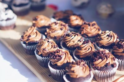 High angle view of cupcakes on table