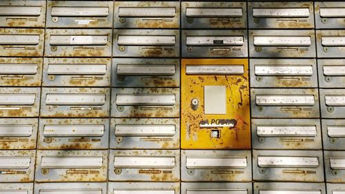 Full frame shot of rusty mailboxes