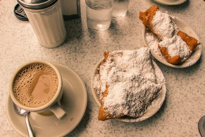 High angle view of breakfast on table