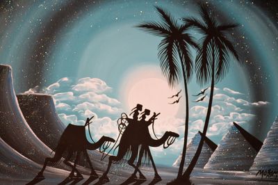 Digital composite image of silhouette people and palm trees against sky