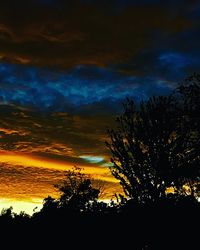 Silhouette trees against dramatic sky at sunset