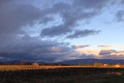 Scenic view of field against cloudy sky