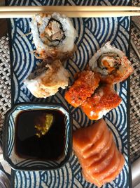 High angle view of sushi served on table