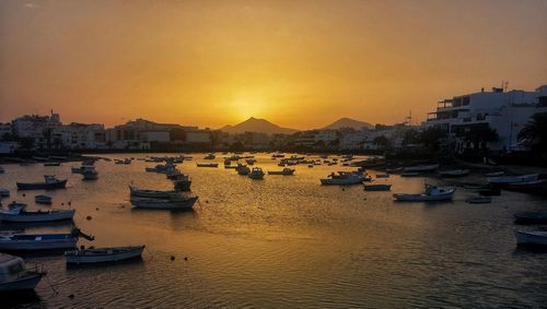 Boats moored at harbor during sunset