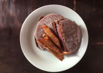 High angle view of food in plate on table