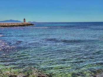 Scenic view of sea against clear blue sky