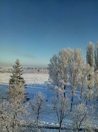 Scenic view of snow covered landscape against clear blue sky