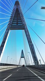 Low angle view of suspension bridge against blue sky