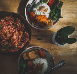 High angle view of meal served on table