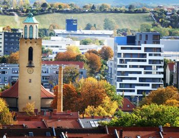 High angle view of buildings in city