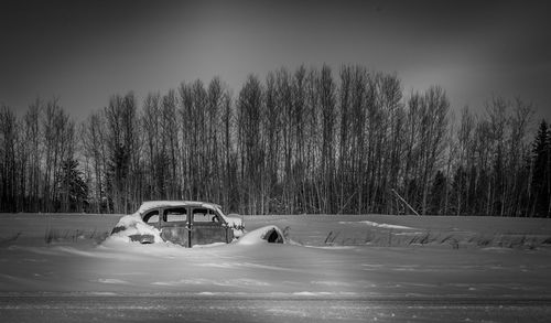 A snow covered, antique car rests in the hay fields of northern canada.