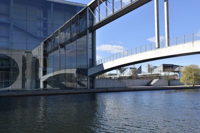 Bridge over river in city against sky